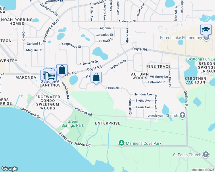 map of restaurants, bars, coffee shops, grocery stores, and more near 1161 South Brickell Drive in Deltona