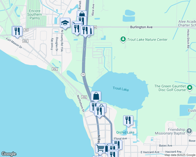 map of restaurants, bars, coffee shops, grocery stores, and more near 15 Trout Lake Drive in Eustis