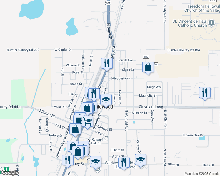 map of restaurants, bars, coffee shops, grocery stores, and more near 706 North Old Wire Road in Wildwood