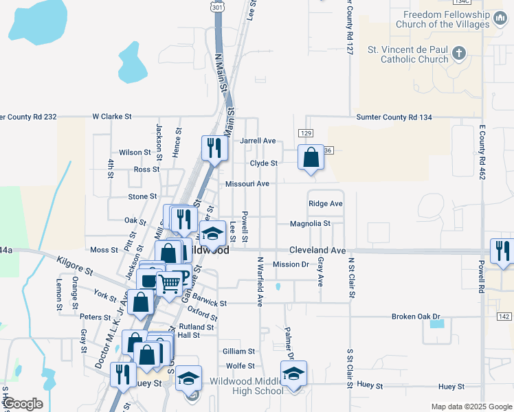 map of restaurants, bars, coffee shops, grocery stores, and more near 709 North Warfield Avenue in Wildwood