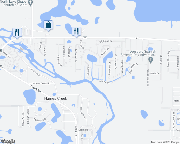 map of restaurants, bars, coffee shops, grocery stores, and more near 178 South Lake Drive in Leesburg
