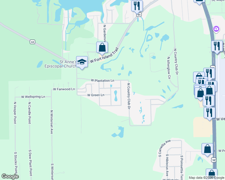 map of restaurants, bars, coffee shops, grocery stores, and more near 425 North Lochview Terrace in Crystal River