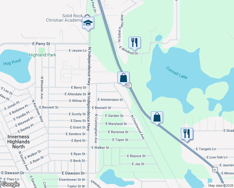 map of restaurants, bars, coffee shops, grocery stores, and more near 382 North Crestwood Avenue in Inverness
