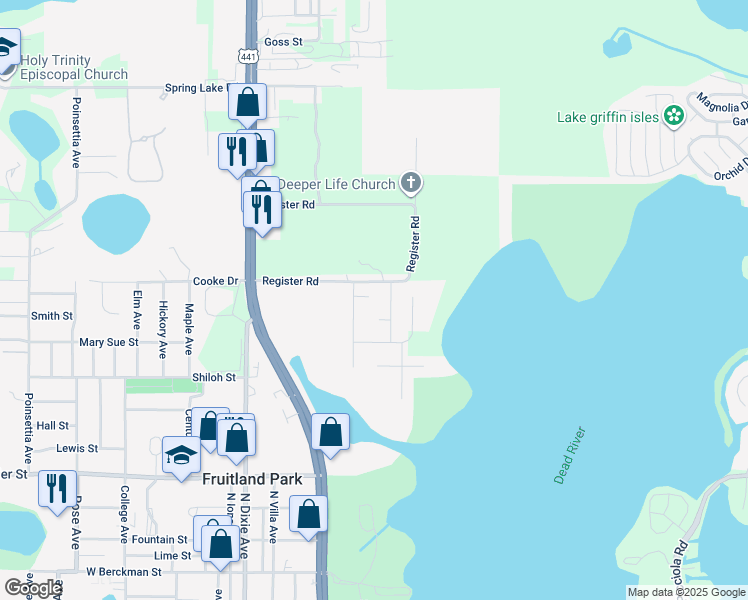 map of restaurants, bars, coffee shops, grocery stores, and more near 407 Benjamin Court in Fruitland Park