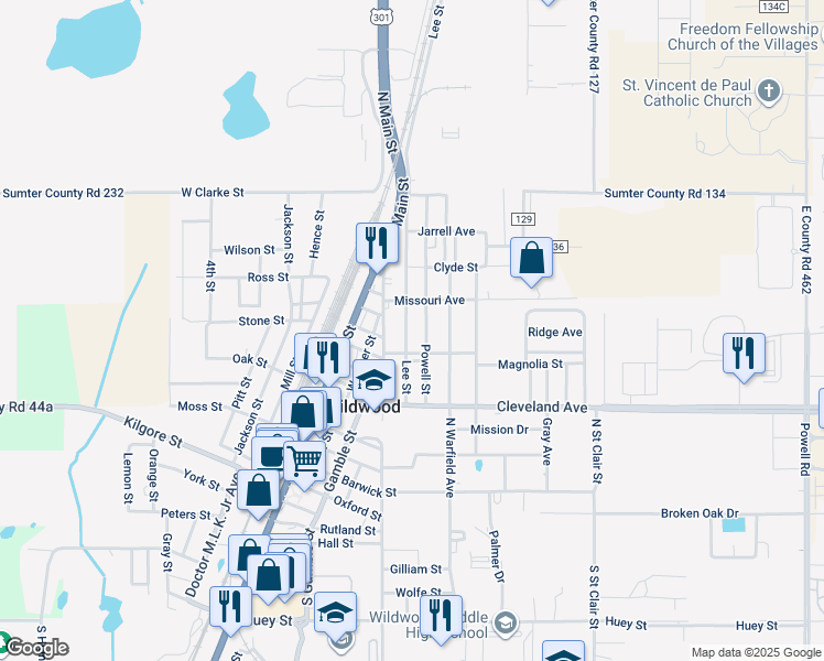 map of restaurants, bars, coffee shops, grocery stores, and more near 701 Lee Street in Wildwood