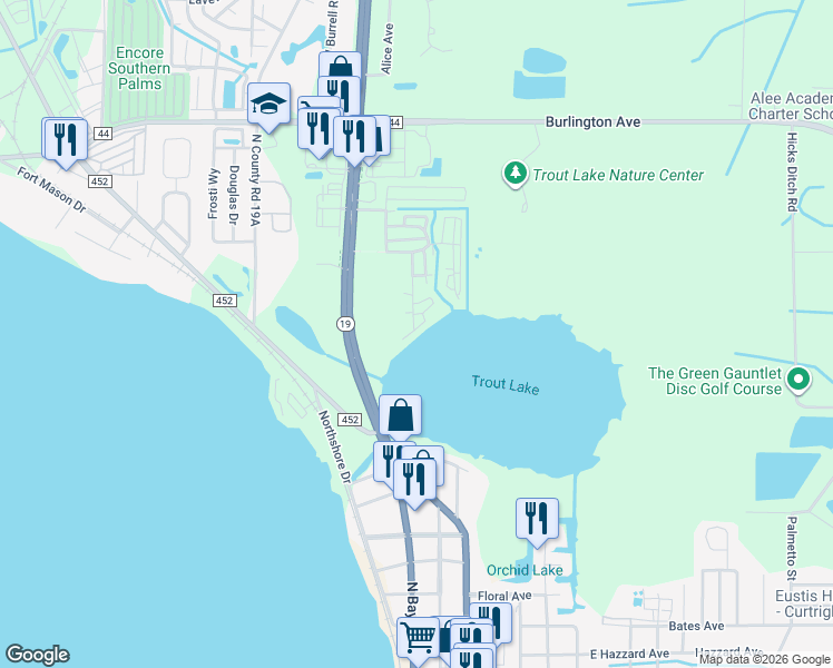 map of restaurants, bars, coffee shops, grocery stores, and more near 15 Trout Lake Drive in Eustis