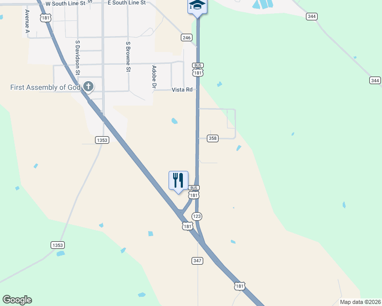 map of restaurants, bars, coffee shops, grocery stores, and more near 1226 Texas 123 in Karnes City