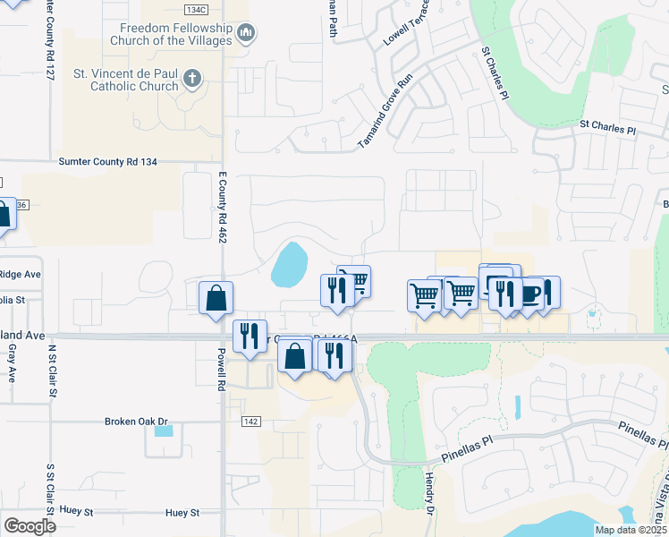 map of restaurants, bars, coffee shops, grocery stores, and more near 5318 Loblolly Lane in Wildwood