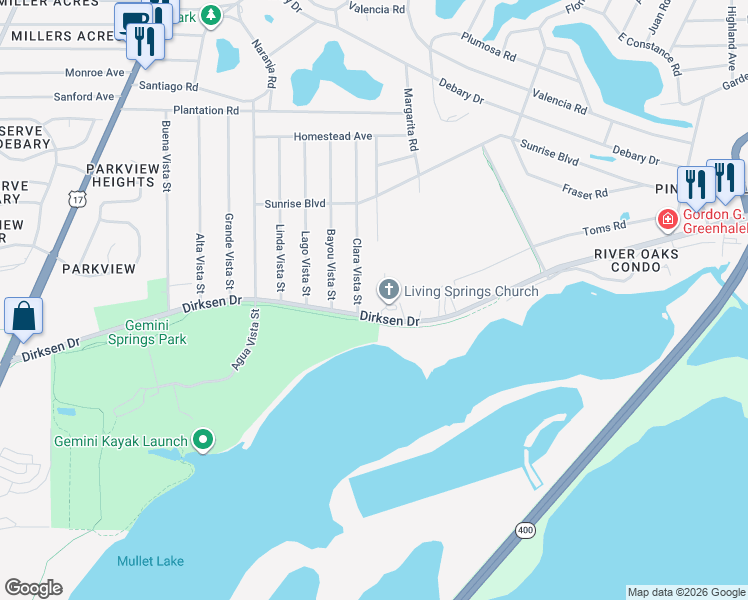 map of restaurants, bars, coffee shops, grocery stores, and more near 248 Acacia Road in DeBary