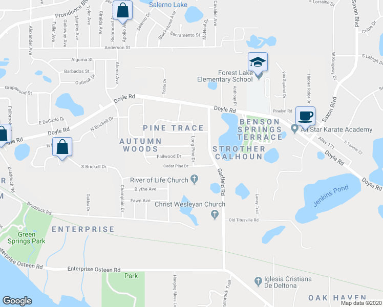 map of restaurants, bars, coffee shops, grocery stores, and more near 1392 Fallwood Drive in Deltona