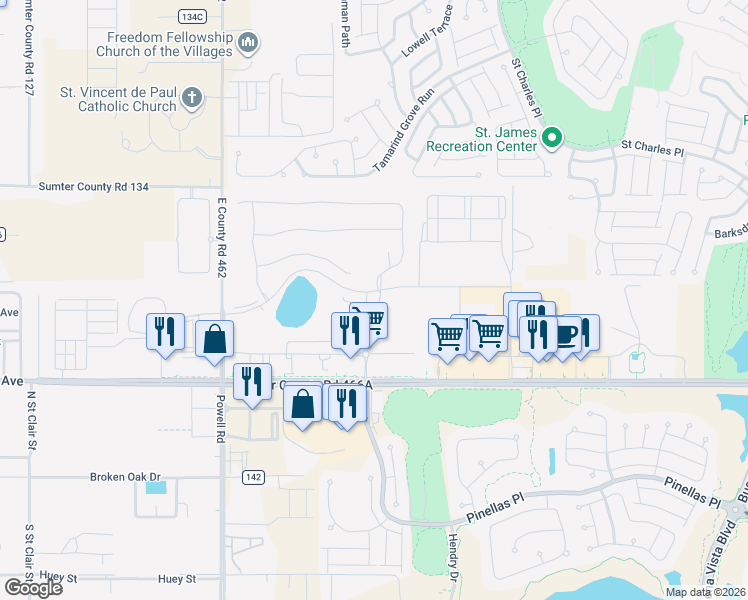 map of restaurants, bars, coffee shops, grocery stores, and more near 7838 Penrose Place in Wildwood