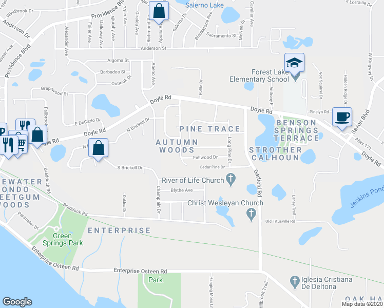 map of restaurants, bars, coffee shops, grocery stores, and more near 1320 Fallwood Drive in Deltona