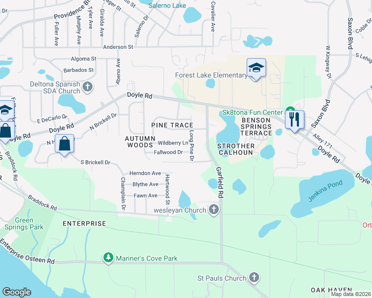map of restaurants, bars, coffee shops, grocery stores, and more near 1386 Fallwood Drive in Deltona