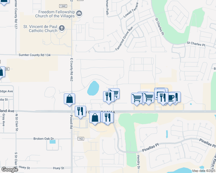 map of restaurants, bars, coffee shops, grocery stores, and more near 5318 Loblolly Lane in Wildwood