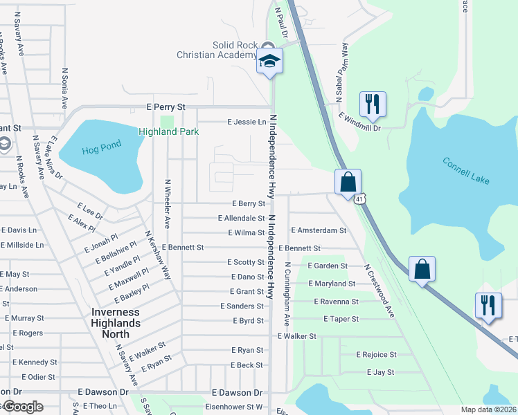 map of restaurants, bars, coffee shops, grocery stores, and more near 4081 East Berry Street in Inverness