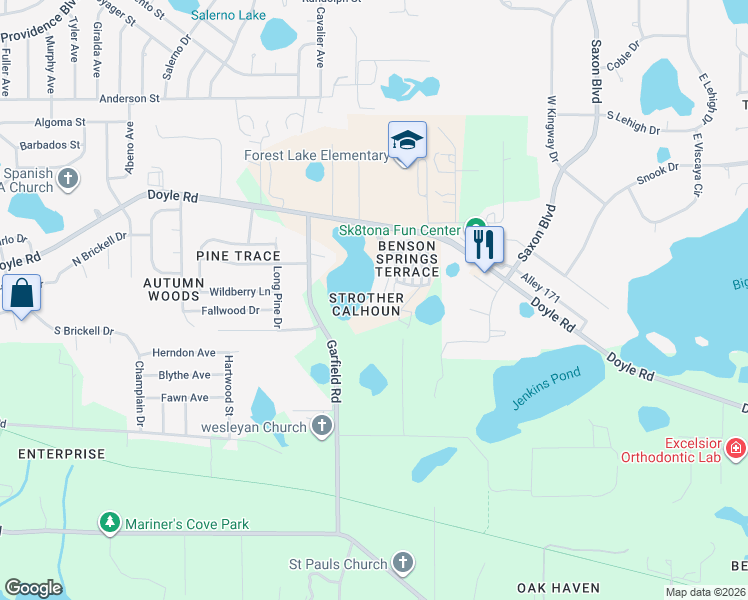 map of restaurants, bars, coffee shops, grocery stores, and more near 1571 Doyle Road in Deltona