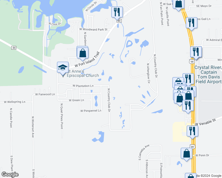 map of restaurants, bars, coffee shops, grocery stores, and more near 4 North Country Club Drive in Crystal River