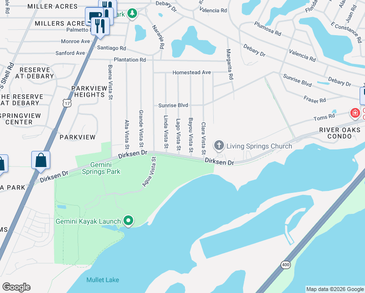 map of restaurants, bars, coffee shops, grocery stores, and more near 256 Lago Vista Street in DeBary