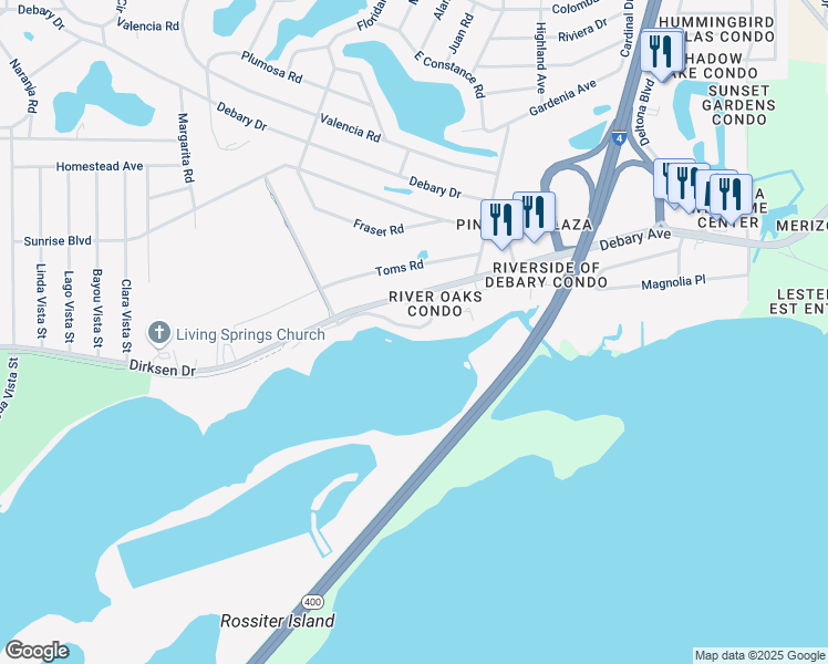 map of restaurants, bars, coffee shops, grocery stores, and more near 237 River Village Drive in DeBary