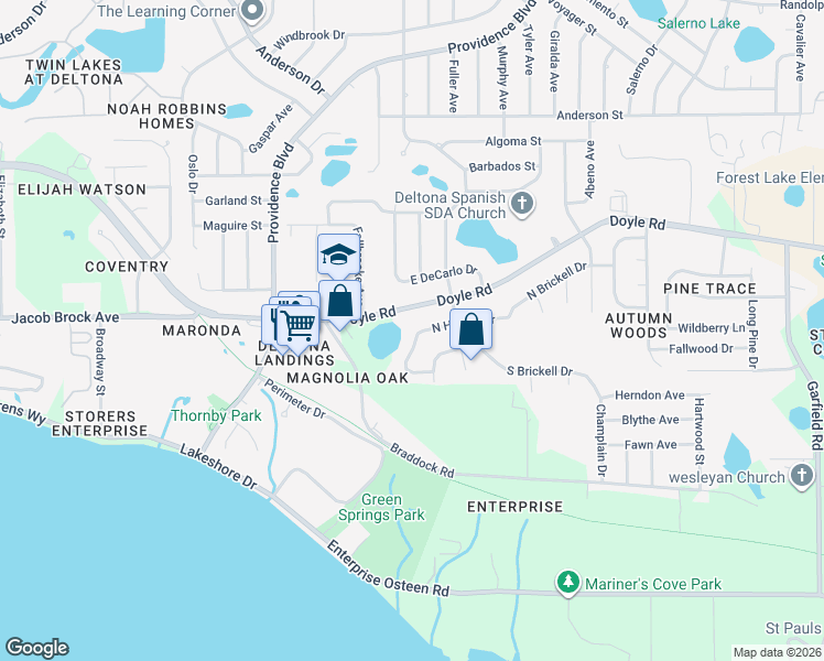 map of restaurants, bars, coffee shops, grocery stores, and more near 1052 West Harbor Drive in Deltona