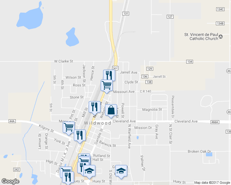 map of restaurants, bars, coffee shops, grocery stores, and more near 723 Lee Street in Wildwood