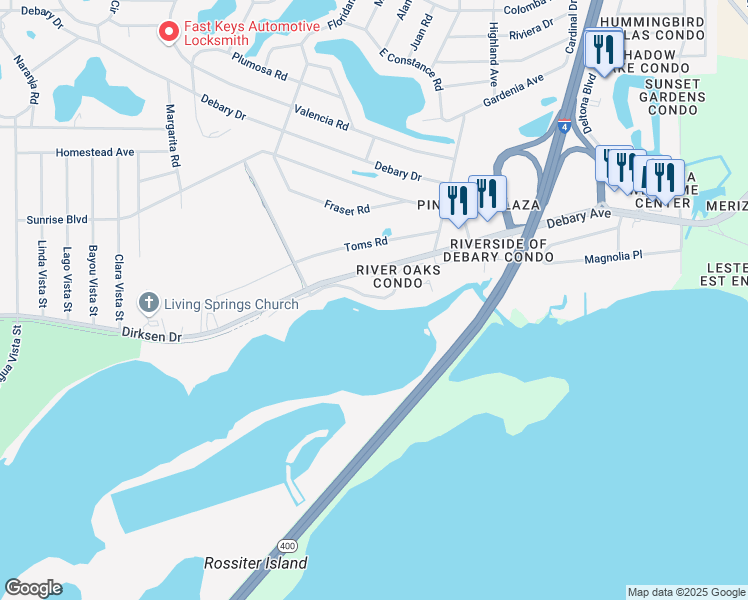 map of restaurants, bars, coffee shops, grocery stores, and more near 237 River Village Drive in DeBary