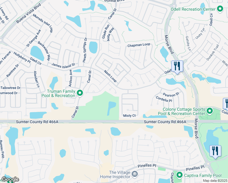 map of restaurants, bars, coffee shops, grocery stores, and more near 2641 Radley Lane in The Villages