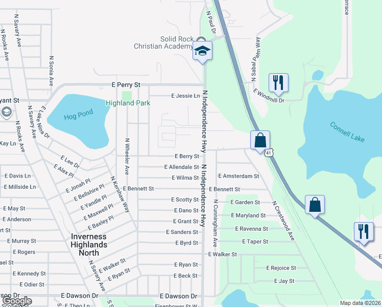 map of restaurants, bars, coffee shops, grocery stores, and more near 4081 East Berry Street in Inverness