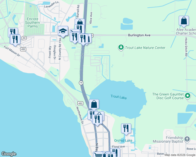 map of restaurants, bars, coffee shops, grocery stores, and more near 31 Winding Way in Eustis