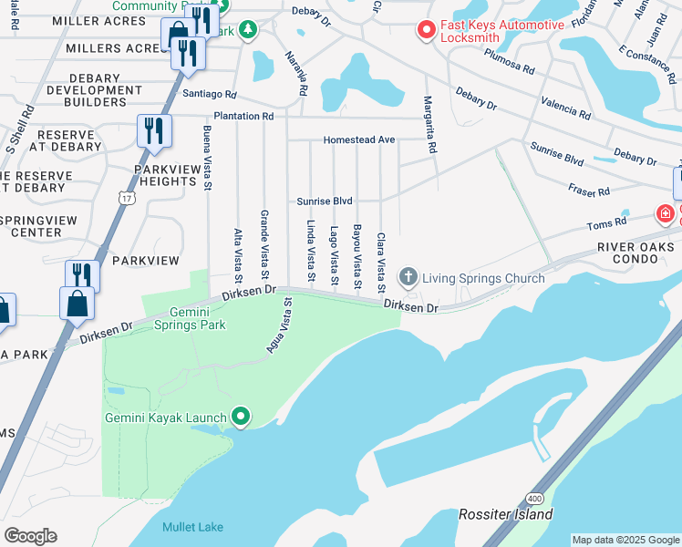 map of restaurants, bars, coffee shops, grocery stores, and more near 255 Lago Vista Street in DeBary