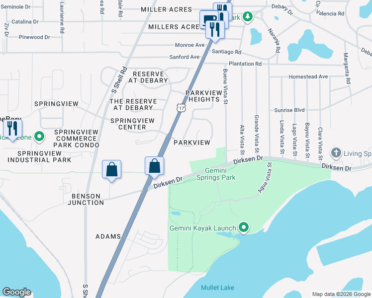 map of restaurants, bars, coffee shops, grocery stores, and more near 19 Spring Ridge Drive in DeBary
