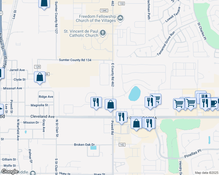 map of restaurants, bars, coffee shops, grocery stores, and more near 5741 East County Road 462 in Wildwood