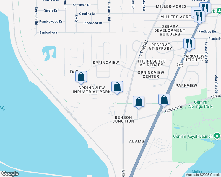 map of restaurants, bars, coffee shops, grocery stores, and more near 230 Springview Commerce Drive in DeBary