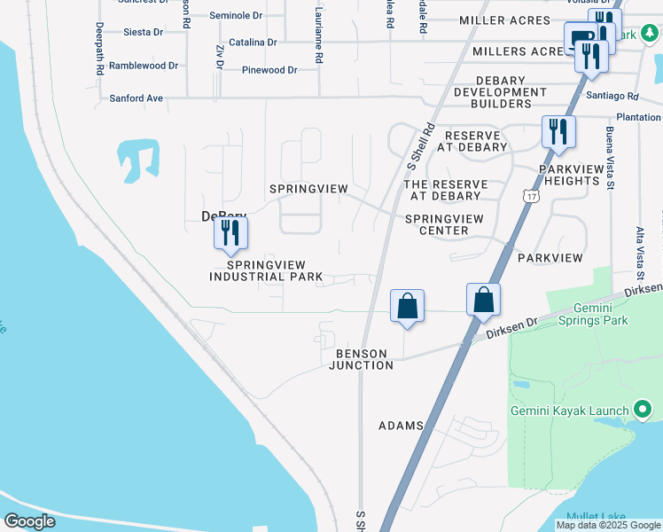 map of restaurants, bars, coffee shops, grocery stores, and more near 230 Springview Commerce Drive in DeBary