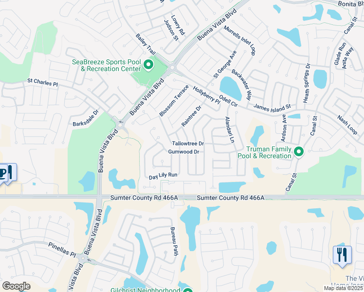 map of restaurants, bars, coffee shops, grocery stores, and more near 1523 Gumwood Drive in The Villages