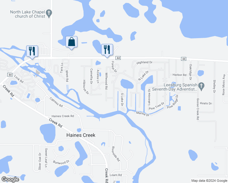map of restaurants, bars, coffee shops, grocery stores, and more near 126 Forest Drive in Leesburg