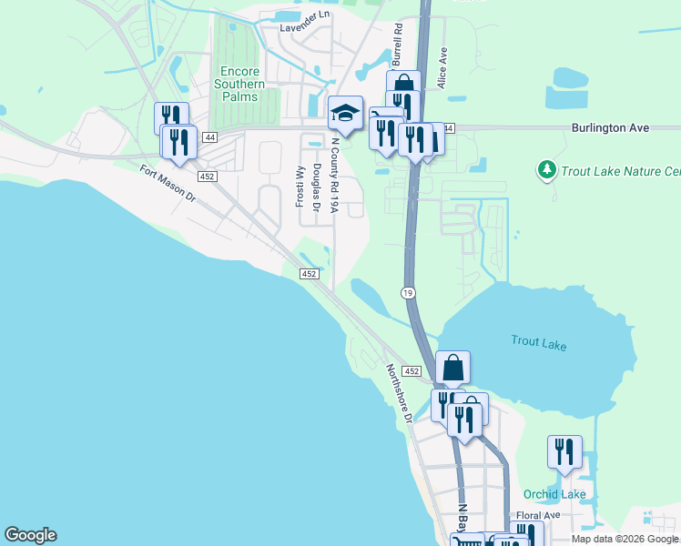 map of restaurants, bars, coffee shops, grocery stores, and more near 1587 County Road 19A in Eustis