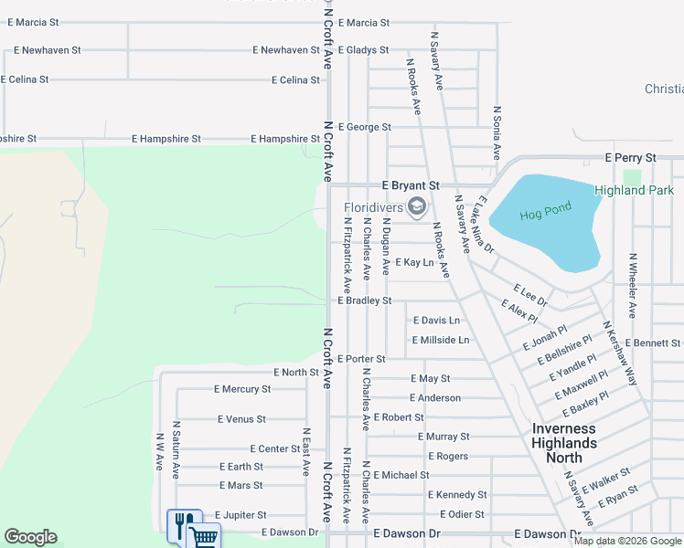 map of restaurants, bars, coffee shops, grocery stores, and more near 439 North Croft Avenue in Inverness
