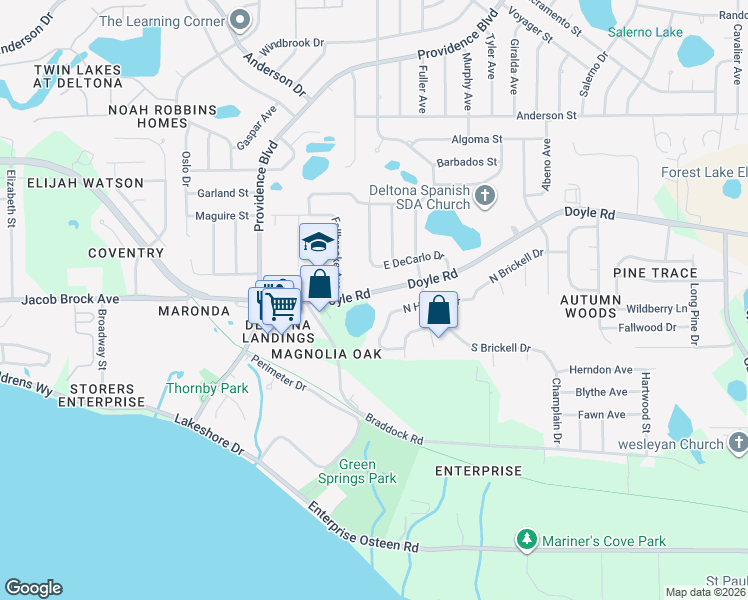 map of restaurants, bars, coffee shops, grocery stores, and more near 1052 West Harbor Drive in Deltona