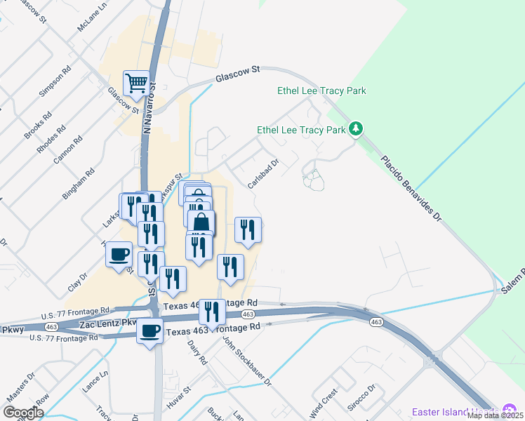 map of restaurants, bars, coffee shops, grocery stores, and more near 301 Augusta Drive in Victoria