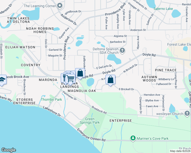 map of restaurants, bars, coffee shops, grocery stores, and more near 1052 West Harbor Drive in Deltona