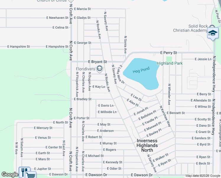 map of restaurants, bars, coffee shops, grocery stores, and more near 409 North Rooks Avenue in Inverness