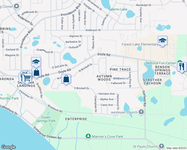 map of restaurants, bars, coffee shops, grocery stores, and more near Champlain Drive in Deltona
