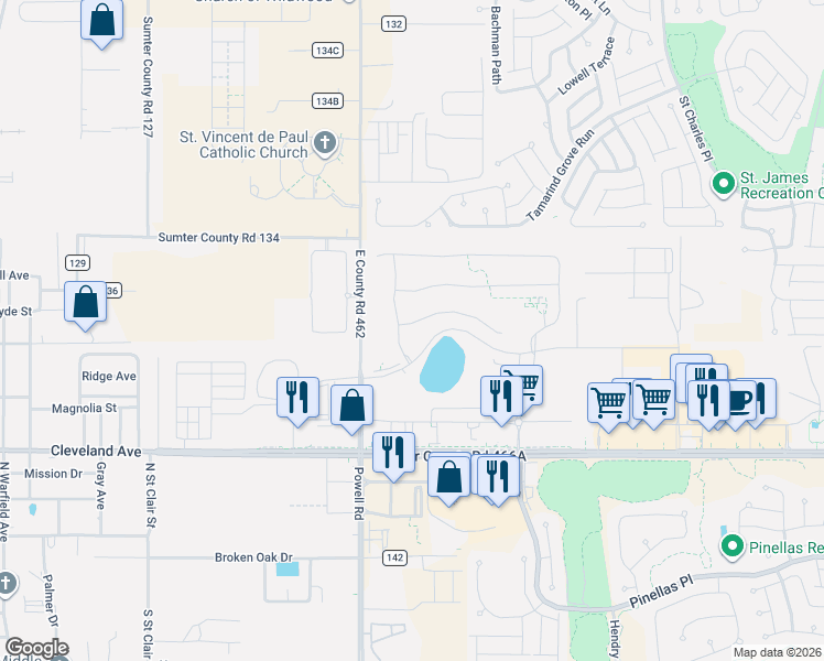 map of restaurants, bars, coffee shops, grocery stores, and more near 5048 County Road 466A in Wildwood