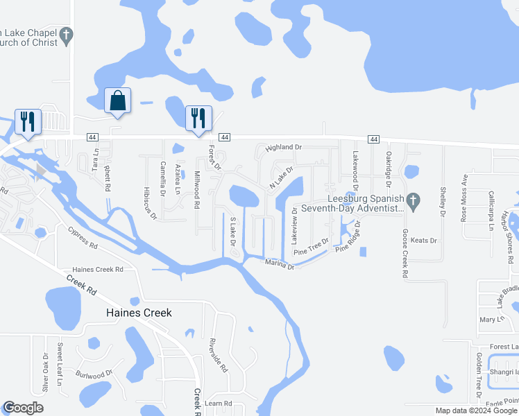 map of restaurants, bars, coffee shops, grocery stores, and more near 170-198 West Sterling Way in Leesburg