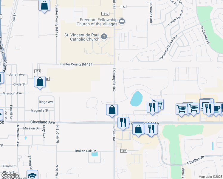 map of restaurants, bars, coffee shops, grocery stores, and more near 5775 East Co Road 462 in Wildwood