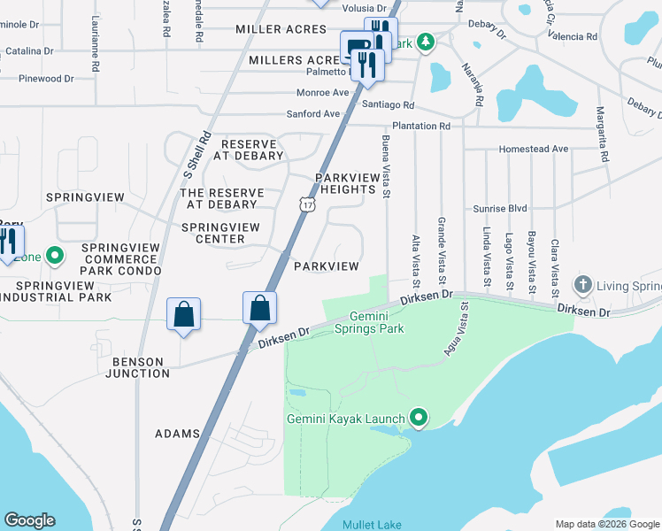 map of restaurants, bars, coffee shops, grocery stores, and more near 19 Spring Ridge Drive in DeBary