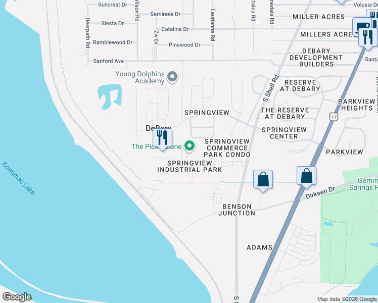 map of restaurants, bars, coffee shops, grocery stores, and more near 251 Springview Commerce Drive in DeBary