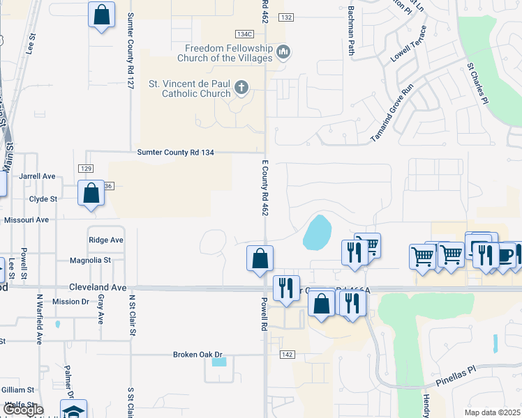 map of restaurants, bars, coffee shops, grocery stores, and more near 5775 East Co Road 462 in Wildwood