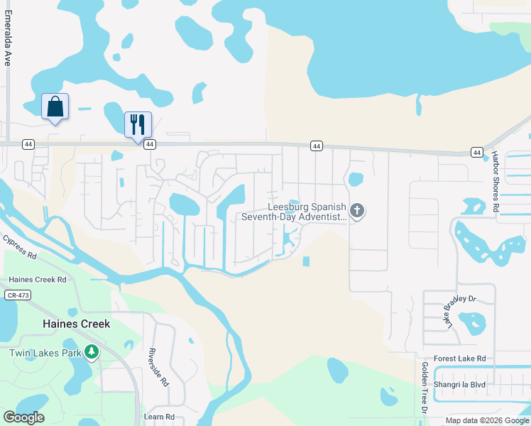 map of restaurants, bars, coffee shops, grocery stores, and more near 102 Woodland Drive in Leesburg